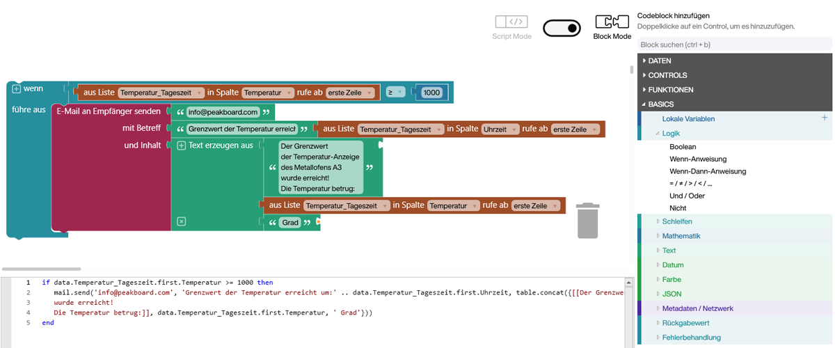 Building Blocks ist der visuelle Low-Code-Editor im Peakboard Designer. Ermöglicht die einfache Erstellung komplexer Logiken und Abläufe wie Anweisungen, Schleifen und interaktive Eingabemöglichkeiten ohne Programmierkenntnisse